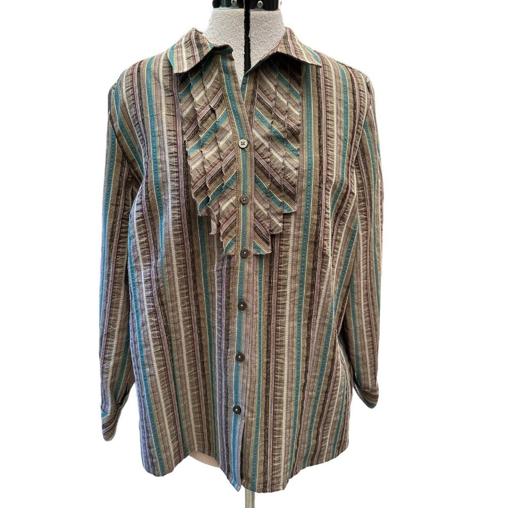 christopher banks womens XL blouse teal brown stripe ruffle bodice button up